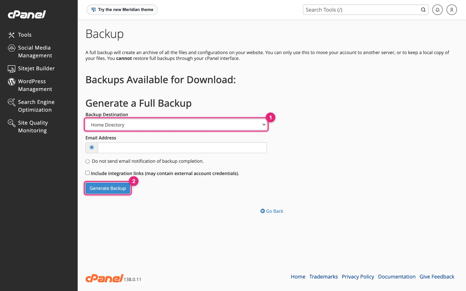 cPanel Generate a Full Backup form with the Backup Destination menu and Generate Backup button highlighted