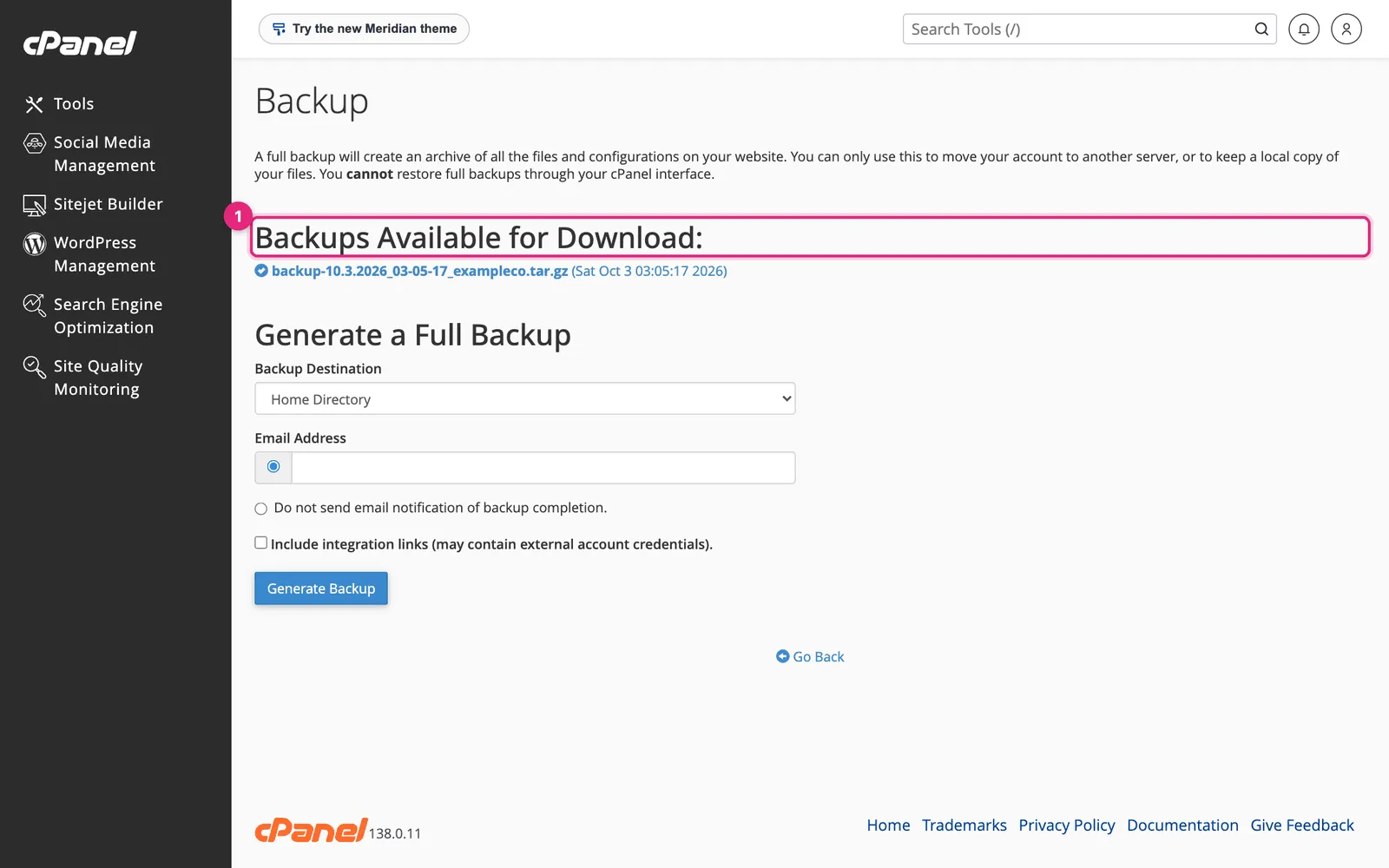 cPanel Backups Available for Download list showing a backup file named with the date and the cPanel username