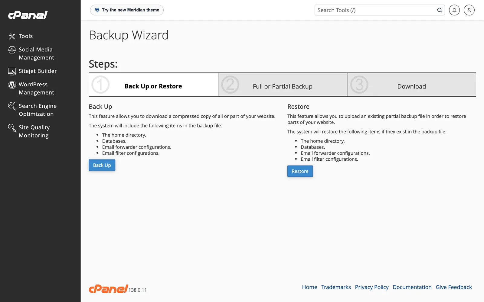 cPanel Backup Wizard showing the three steps: back up or restore, full or partial backup, and download