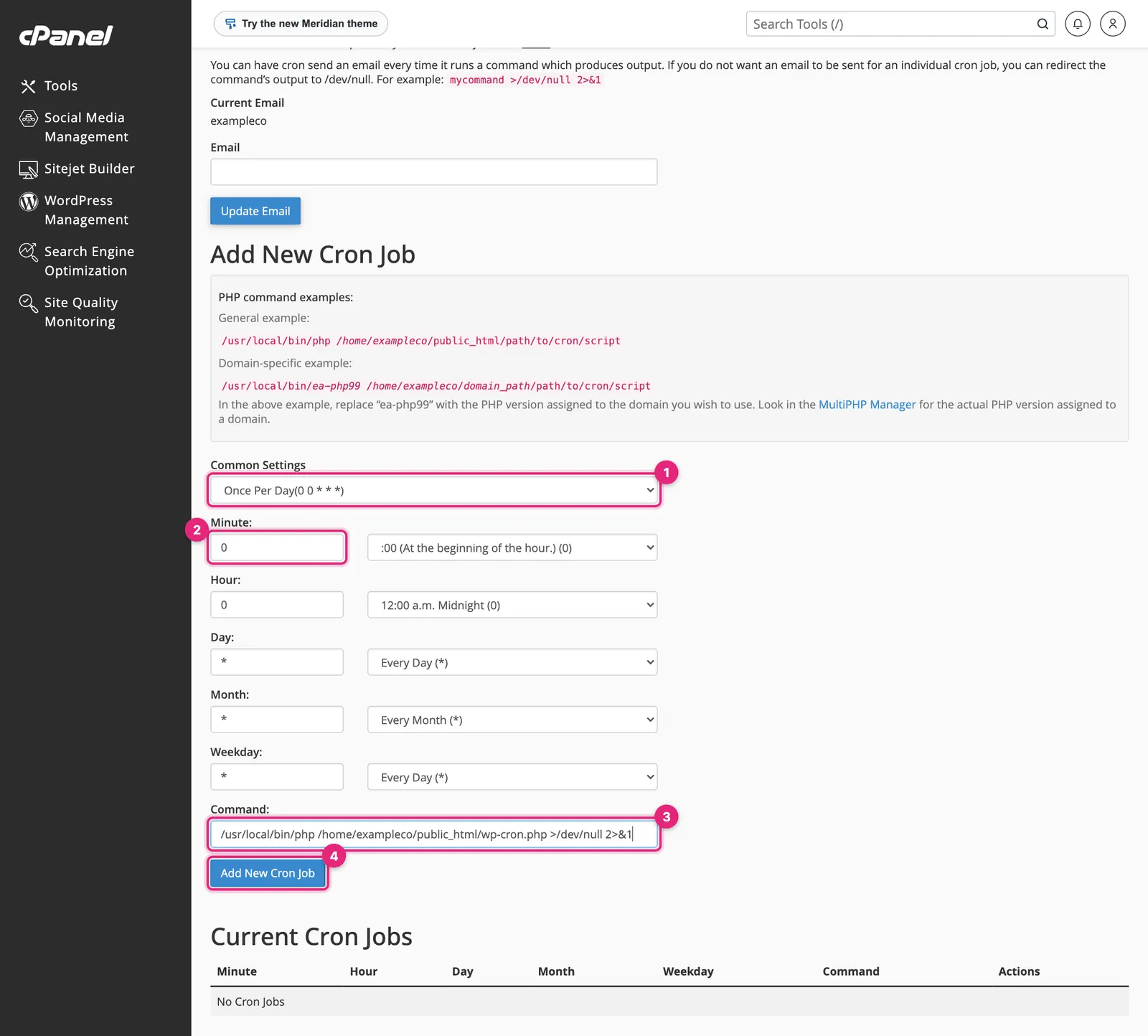 cPanel Add New Cron Job form with Common Settings set to Once Per Day, the minute field, the command field and Add New Cron Job button highlighted