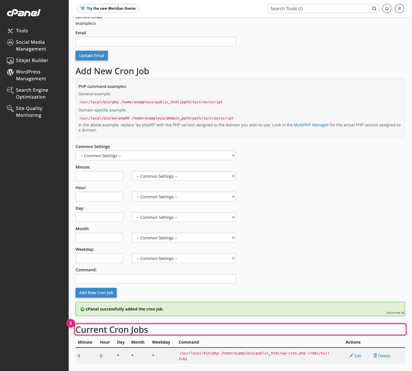cPanel Current Cron Jobs table showing the new job running at minute 0, hour 0 every day