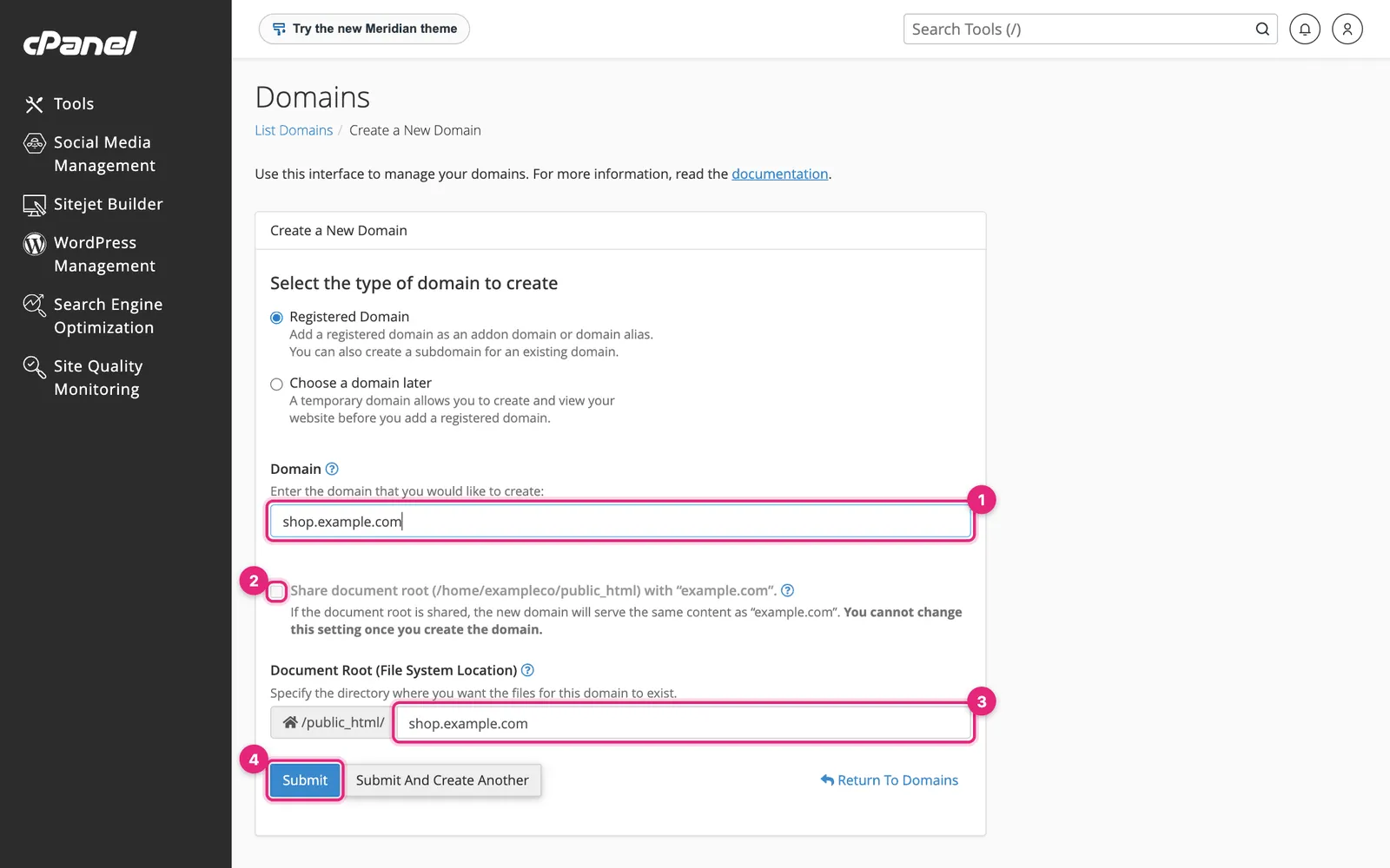 cPanel Create a New Domain form with the domain field, Share document root checkbox, document root field and Submit button highlighted