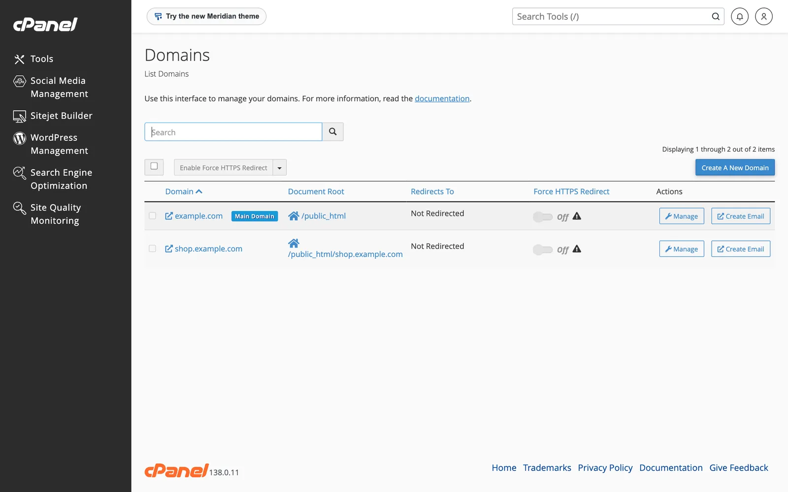 cPanel Domains list now showing example.com and shop.example.com with its own document root