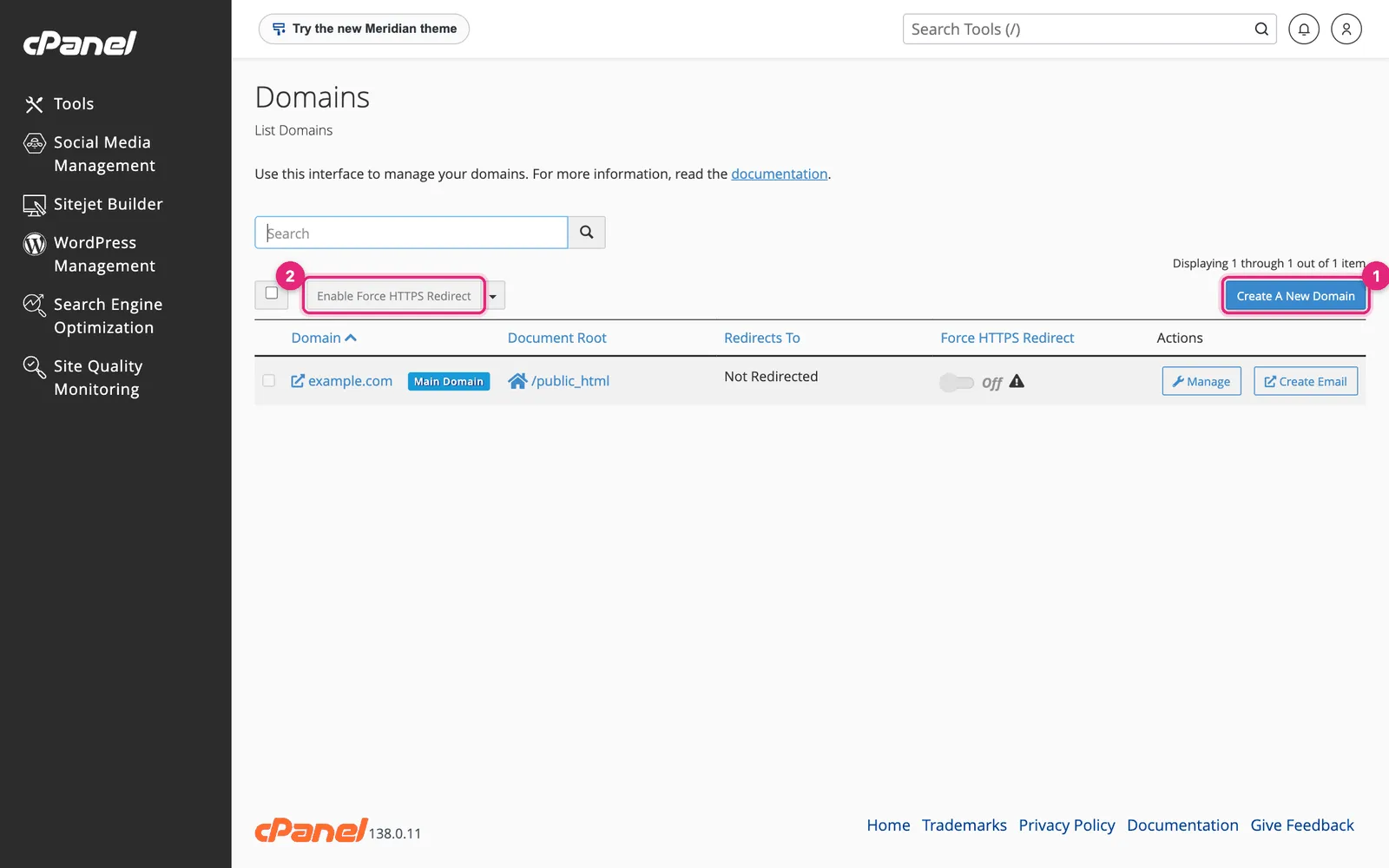 cPanel Domains list with the Create A New Domain and Enable Force HTTPS Redirect buttons highlighted