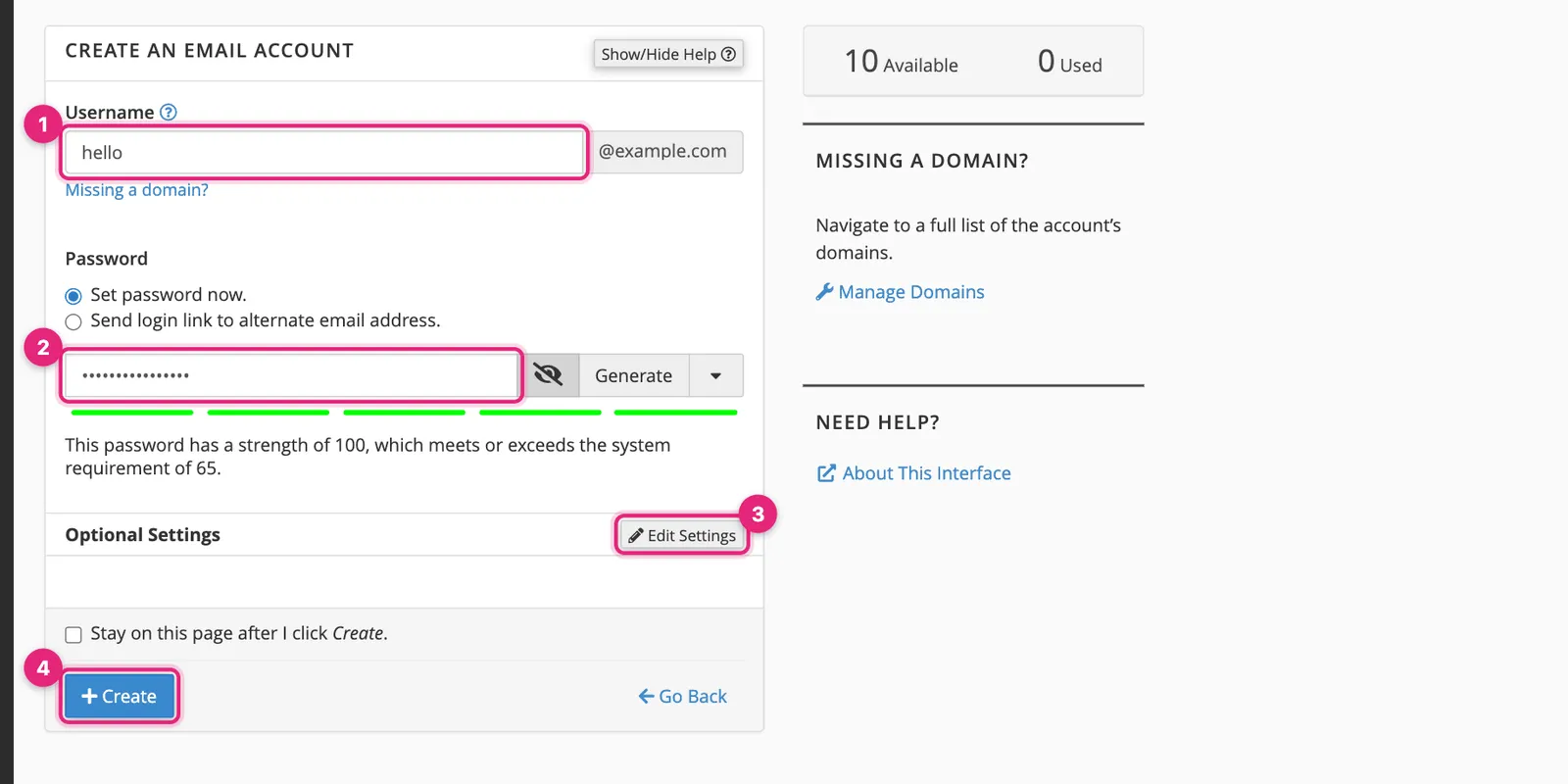 cPanel Create an Email Account form with the username, password, optional settings and Create button highlighted