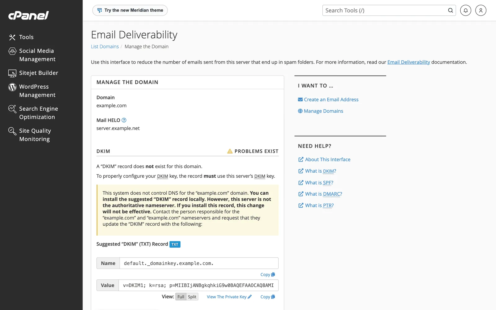 cPanel Email Deliverability manage page showing the DKIM record does not exist, with the suggested DKIM TXT record name and value