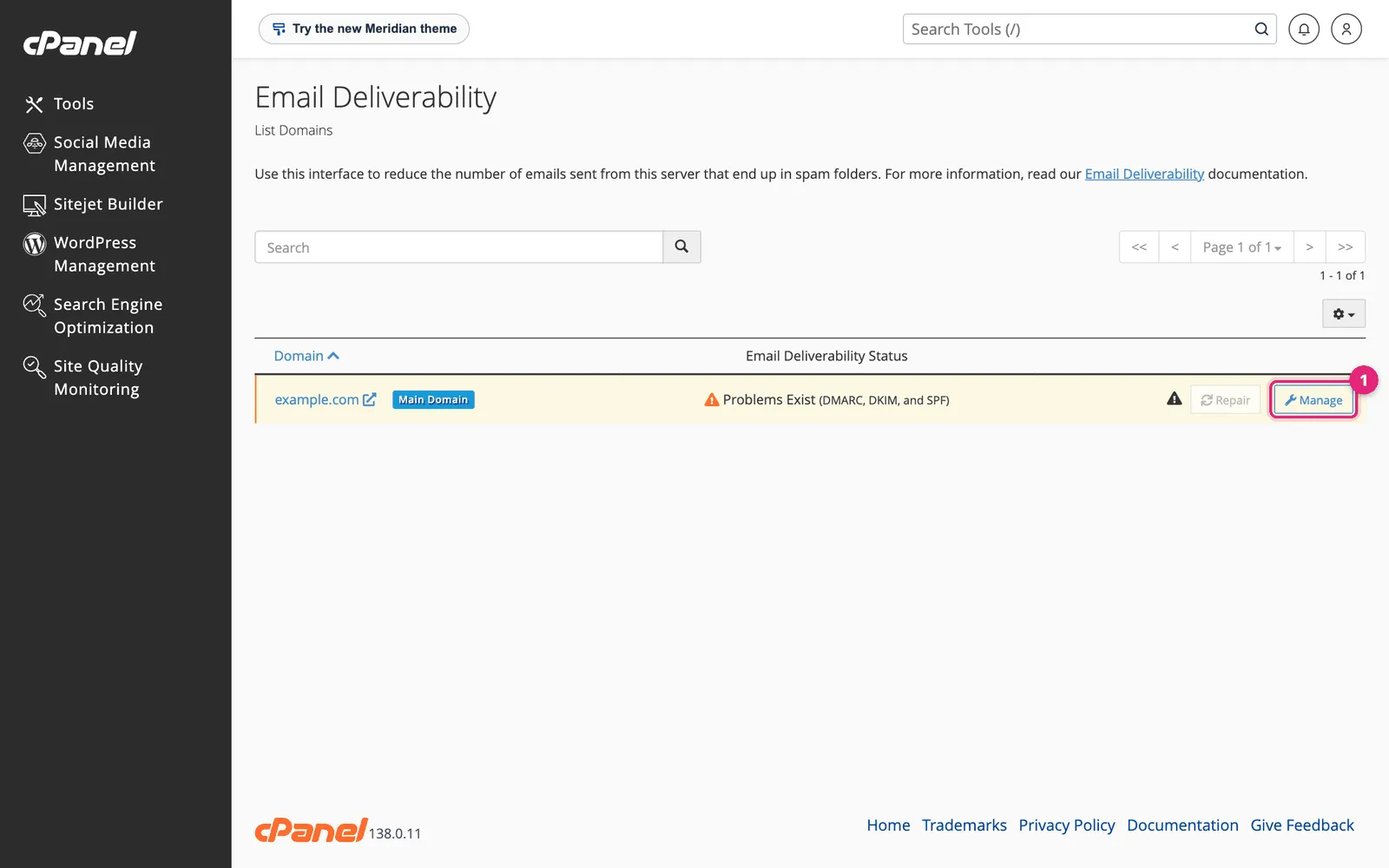cPanel Email Deliverability list showing example.com with Problems Exist and a Manage button highlighted