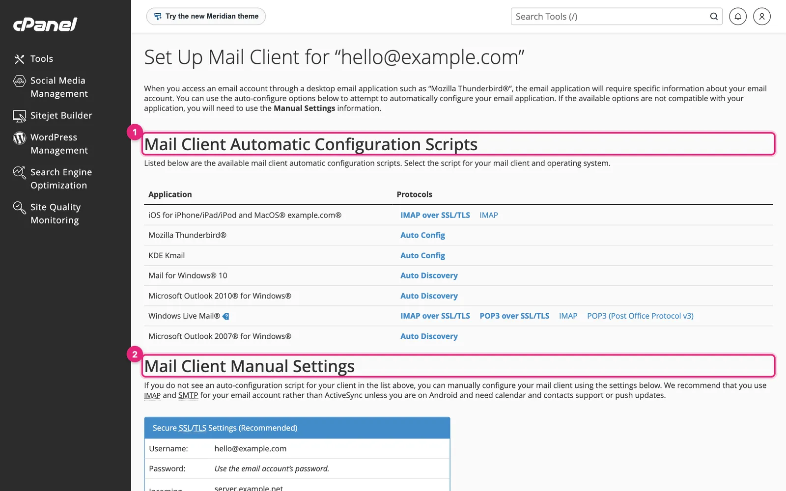 cPanel Set Up Mail Client page with automatic configuration scripts and the manual settings section highlighted