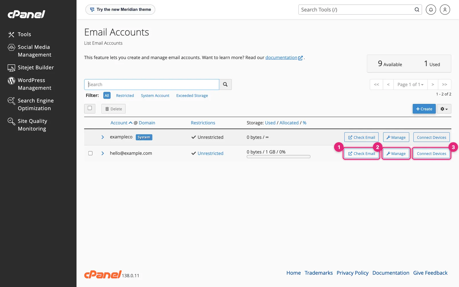 cPanel Email Accounts list showing hello@example.com with Check Email, Manage and Connect Devices buttons highlighted
