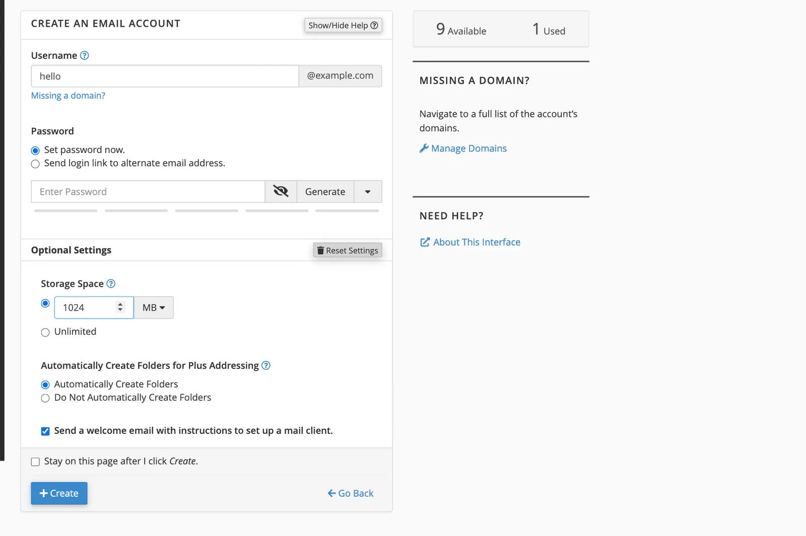 cPanel email optional settings showing storage space of 1024 MB, plus-addressing folders and the welcome email checkbox
