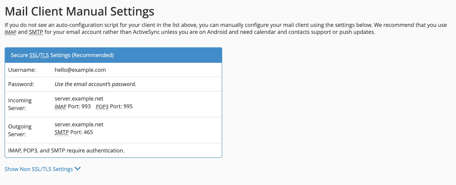 Secure SSL/TLS settings showing username, incoming IMAP port 993, POP3 port 995 and outgoing SMTP port 465