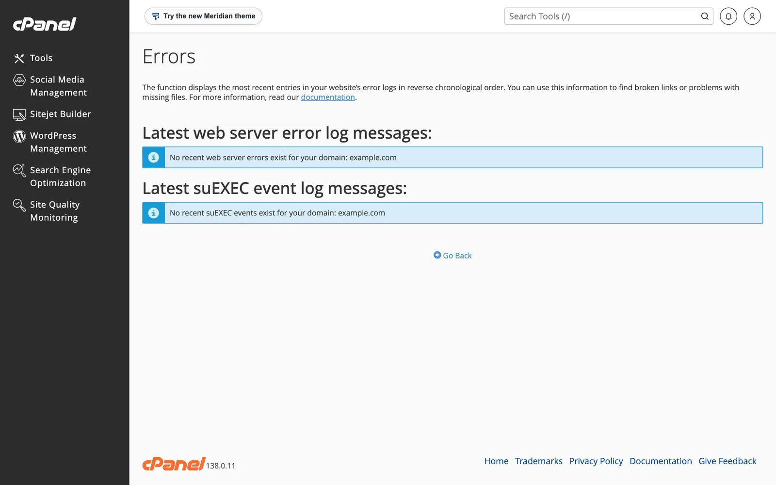 cPanel Errors page showing latest web server error log messages and suEXEC event log messages