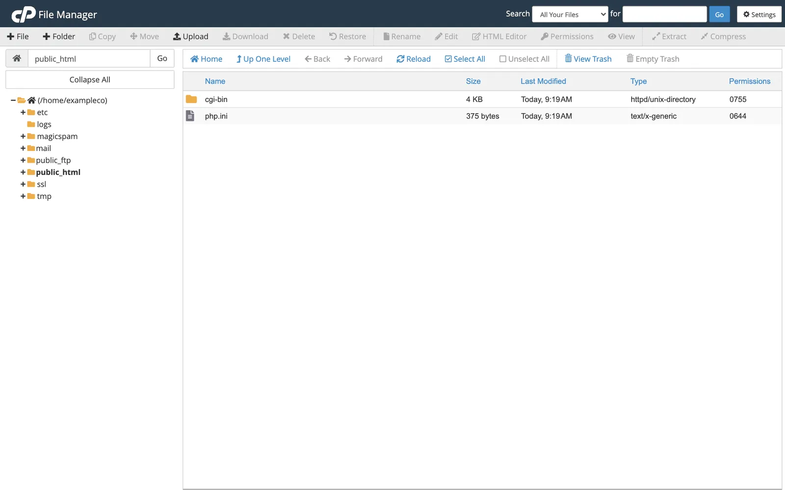 cPanel File Manager showing the folder tree on the left and the contents of the home directory on the right