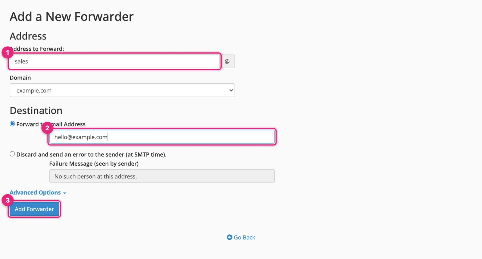 cPanel Add a New Forwarder form with address to forward, destination address and Add Forwarder button highlighted