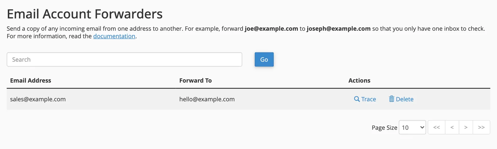 cPanel Email Account Forwarders list showing sales@example.com forwarding to hello@example.com