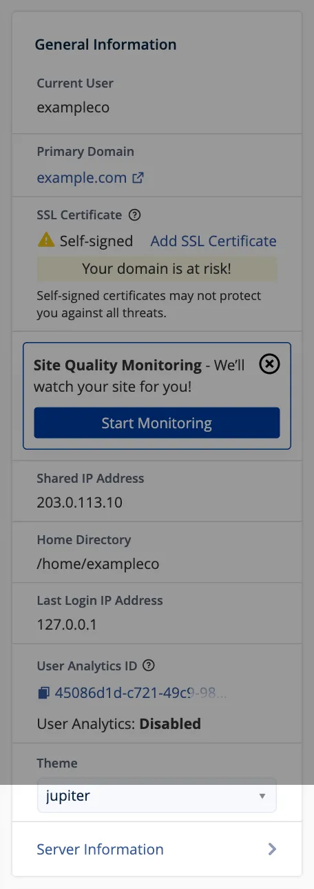 cPanel General Information panel showing current user, primary domain, SSL status, shared IP address and home directory