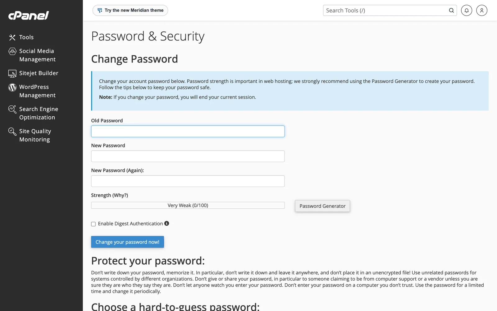 cPanel Password and Security page with fields for the old password, new password and a password generator