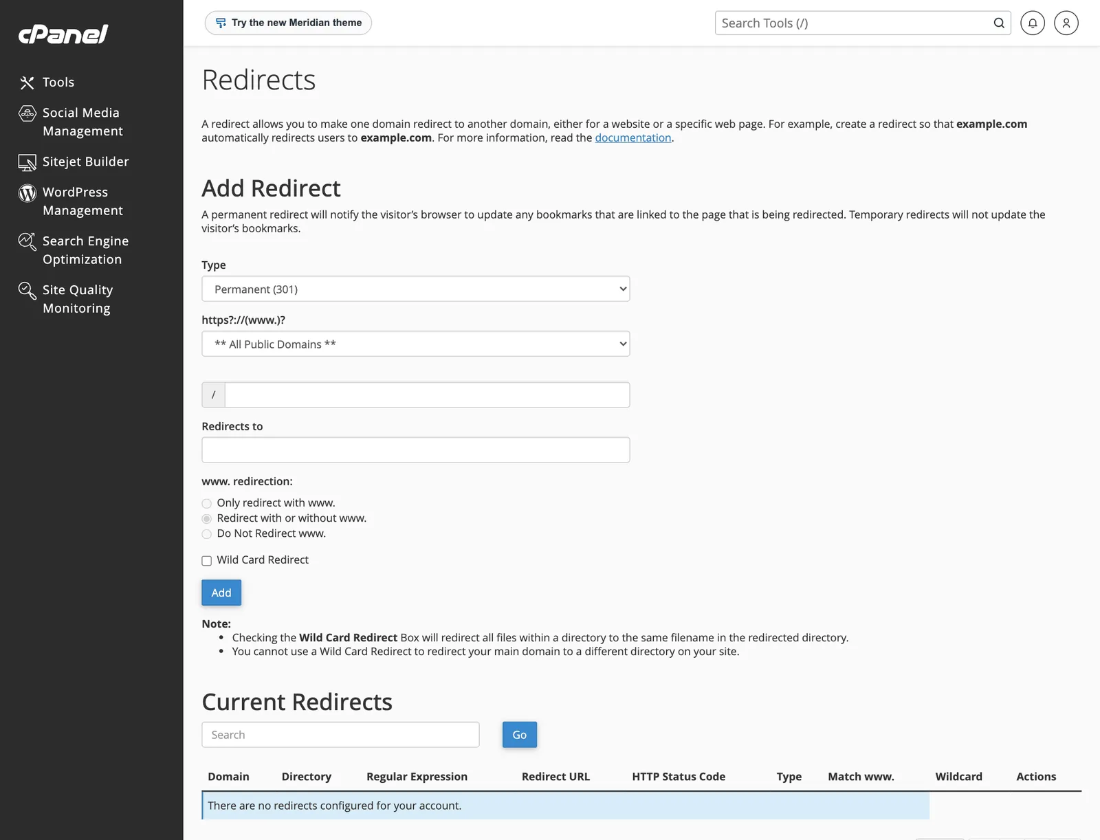 cPanel Redirects page with the Add Redirect form showing type, domain, path, destination and www options
