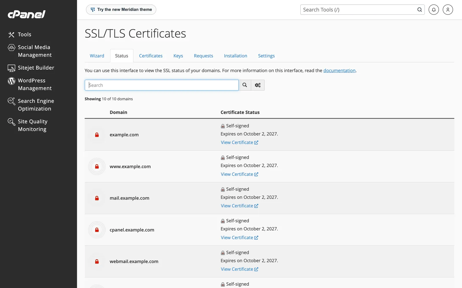 cPanel SSL/TLS Certificates status tab listing example.com, www.example.com, mail.example.com and other names with their certificate status