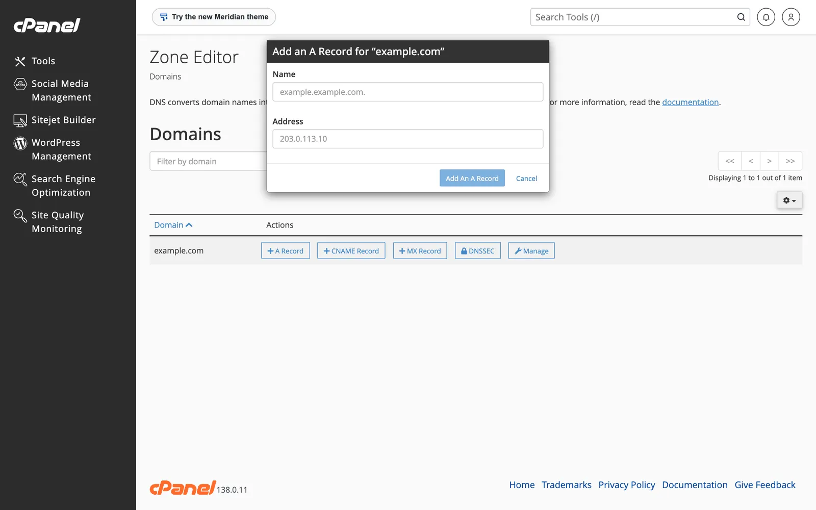 cPanel Add an A Record dialog with Name and Address fields