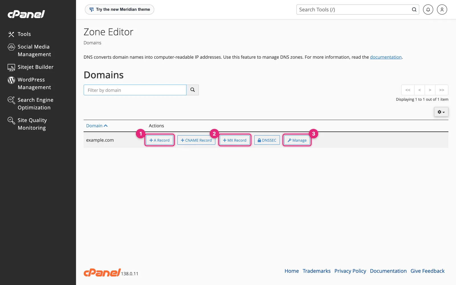 cPanel Zone Editor domain list with A Record, MX Record and Manage buttons highlighted