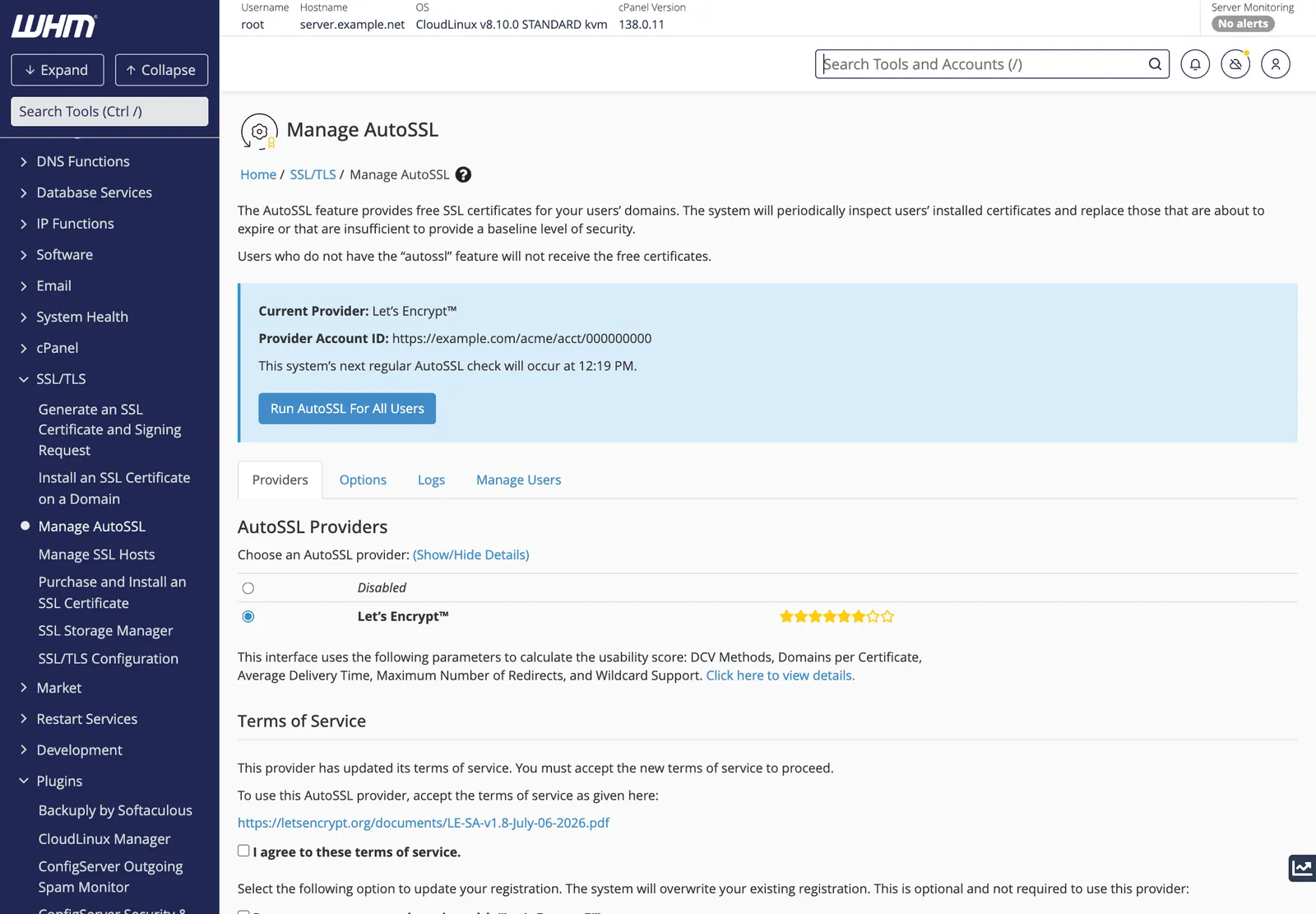 WHM Manage AutoSSL page with the current provider set to Let's Encrypt and the Providers tab showing Disabled and Let's Encrypt options