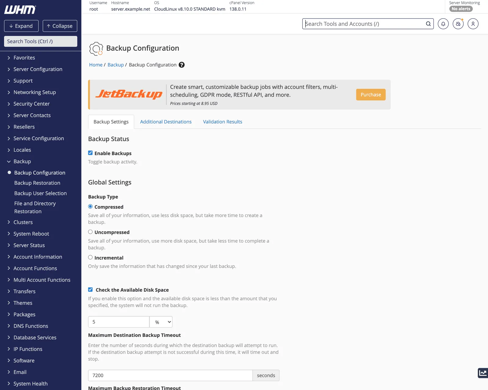 WHM Backup Configuration page with Enable Backups ticked and the backup type, available disk space check and timeout settings