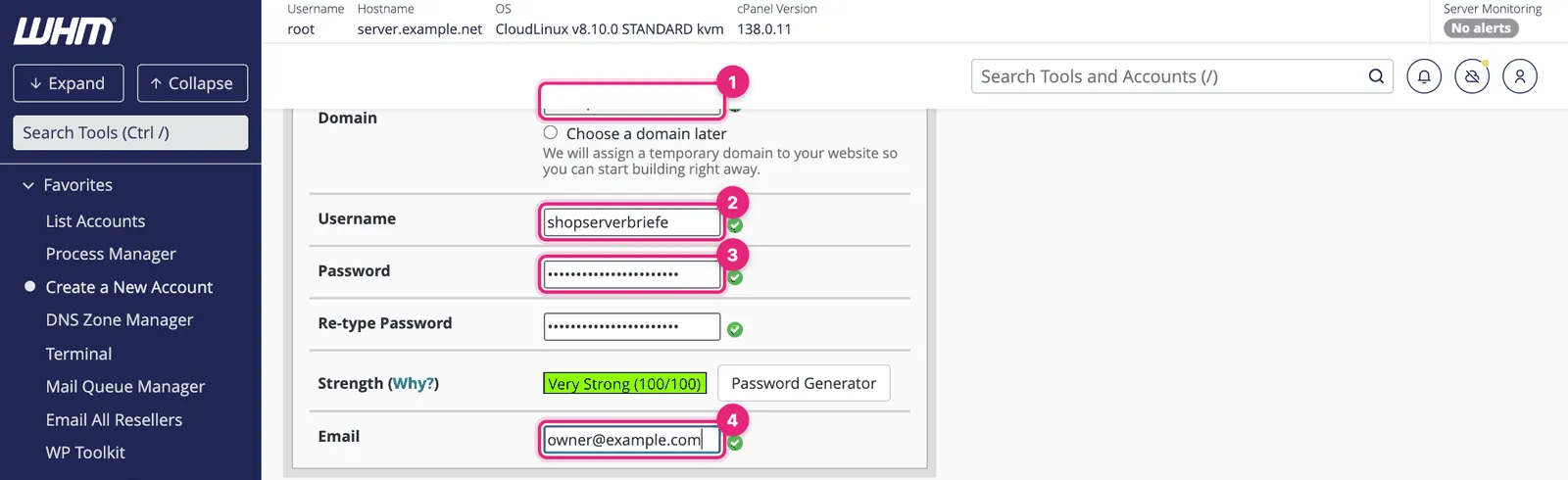 WHM Create a New Account form with the Domain, Username, Password and Email fields highlighted