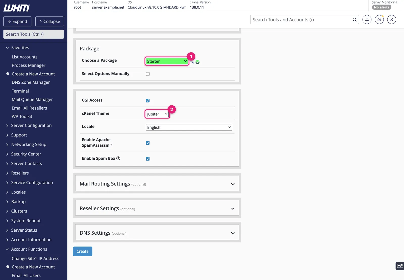 WHM Create a New Account package section with the Starter package selected and the cPanel theme highlighted