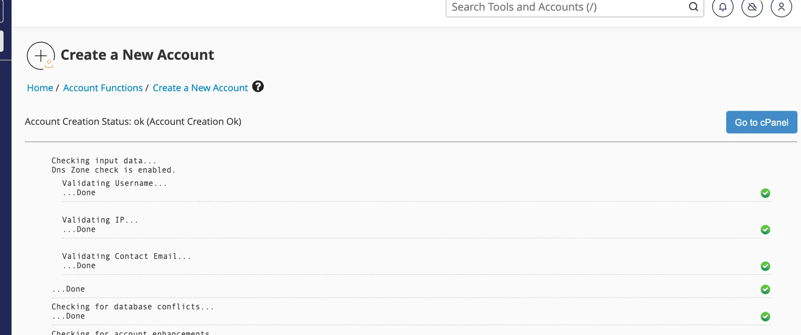 WHM account creation log showing Account Creation Status ok and each validation step marked done