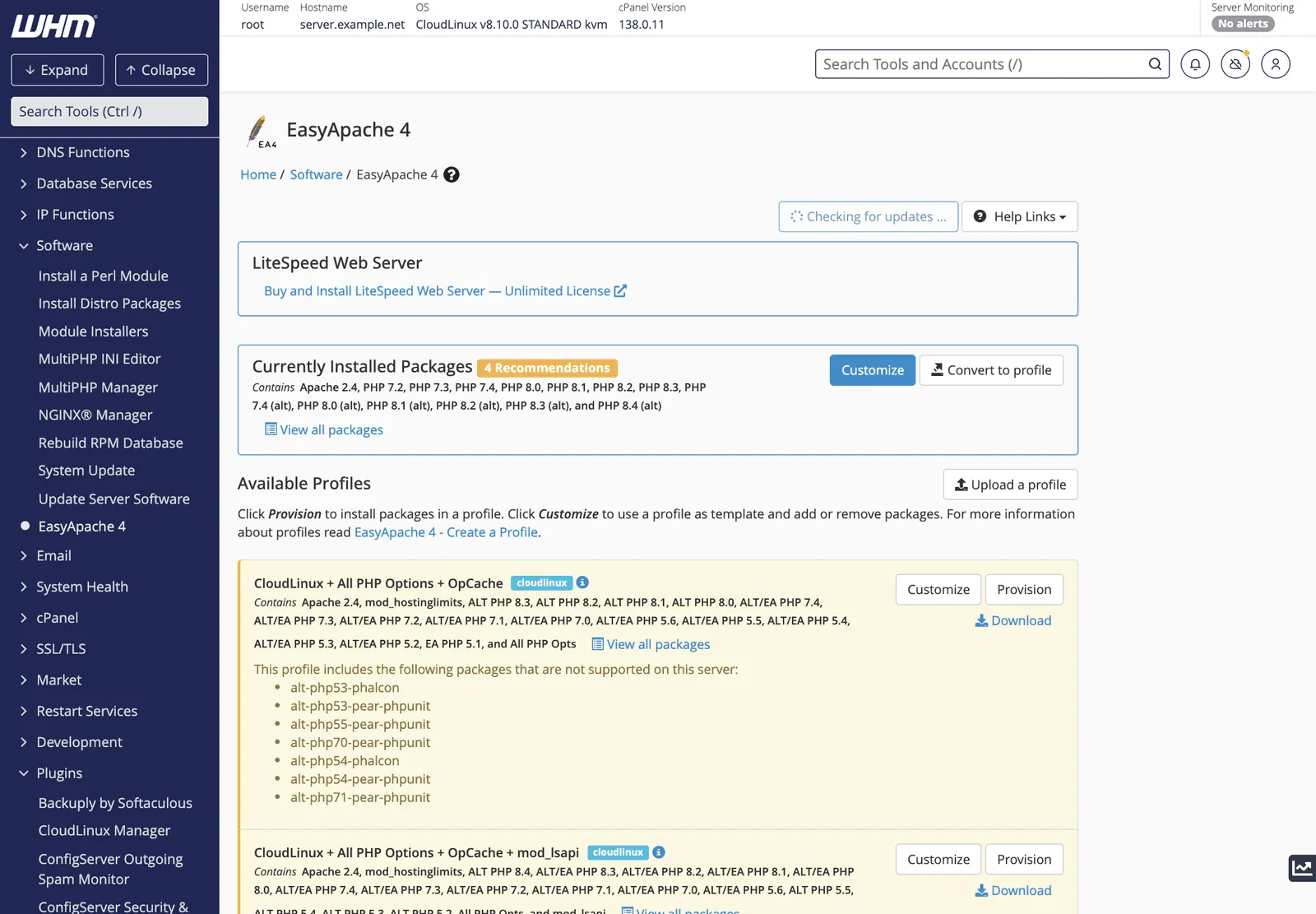 WHM EasyApache 4 page showing currently installed packages and available profiles with Customize and Provision buttons