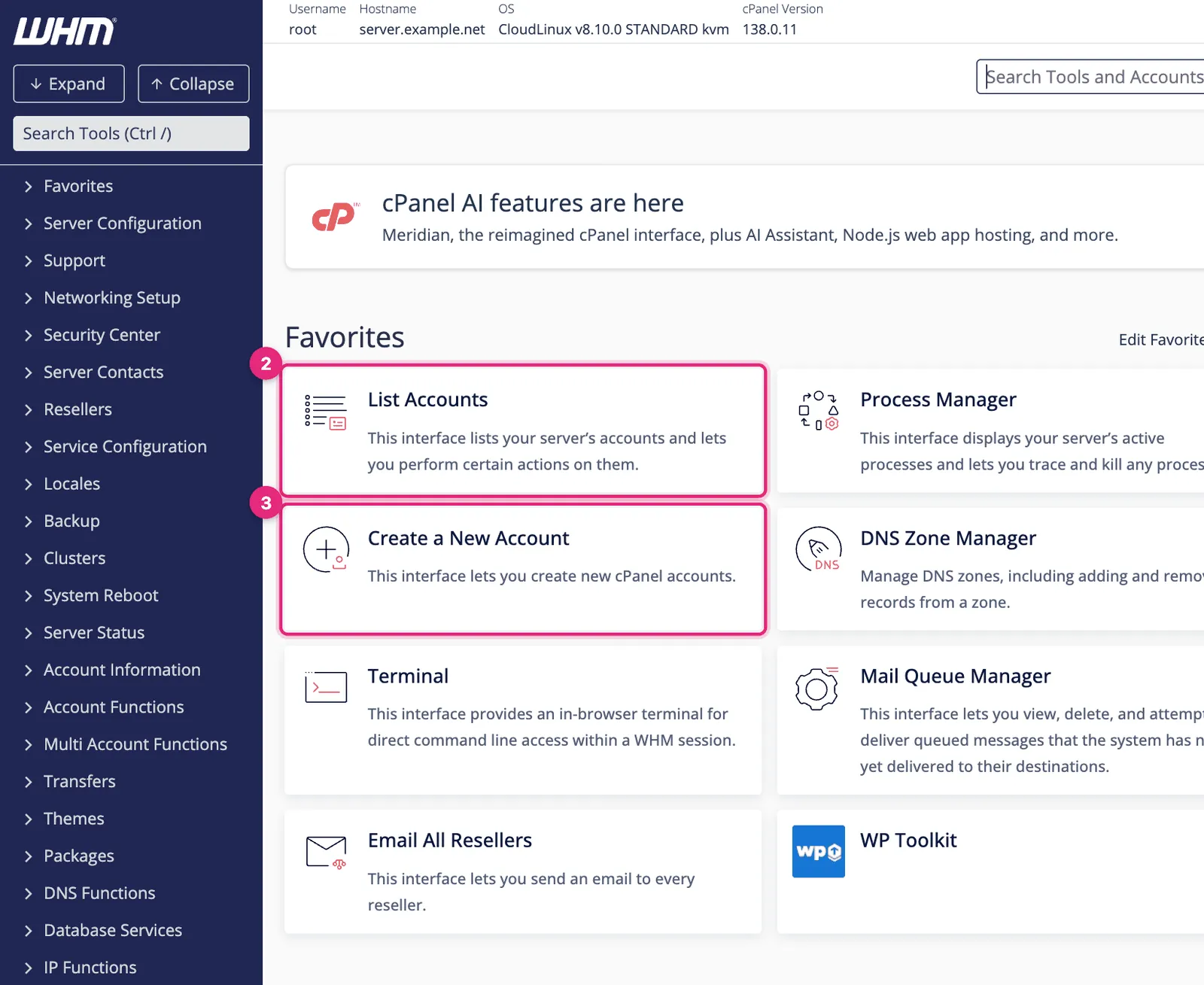 WHM home screen with the Search Tools box, the List Accounts and Create a New Account favourites highlighted, and the full tool menu on the left