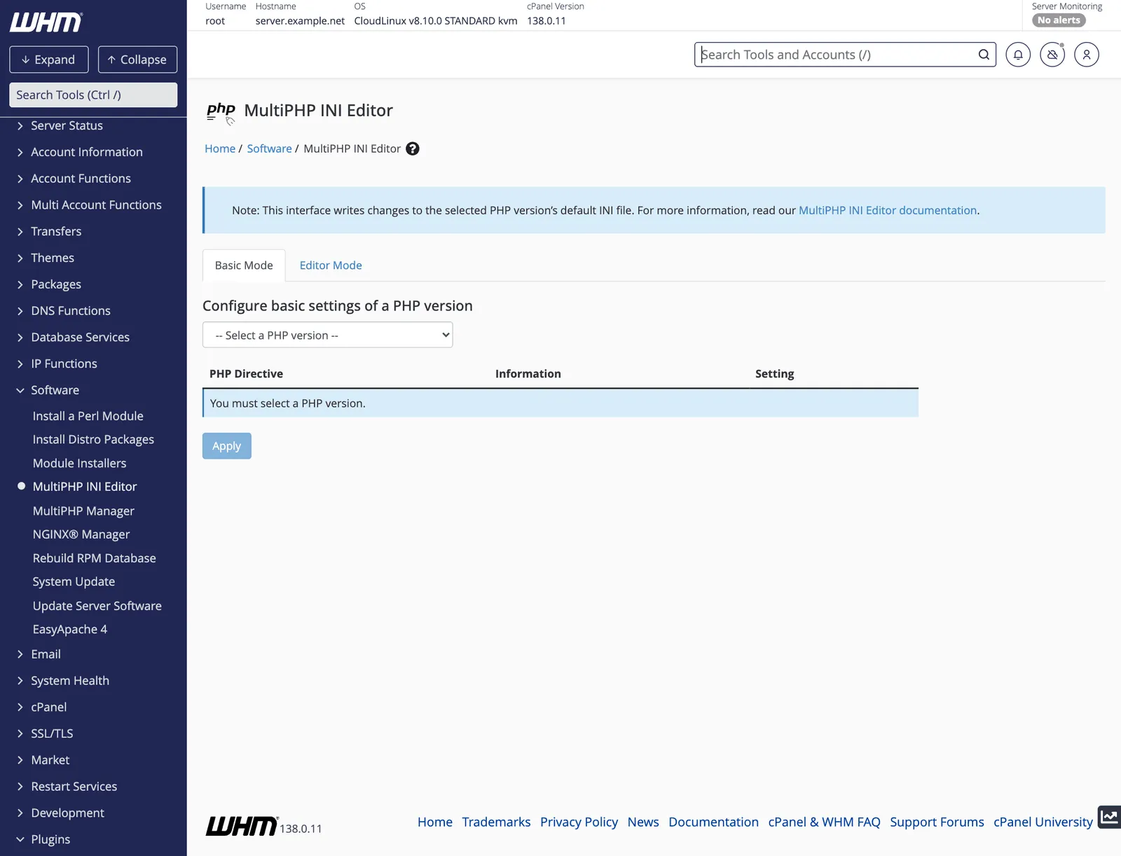 WHM MultiPHP INI Editor Basic Mode prompting to select a PHP version