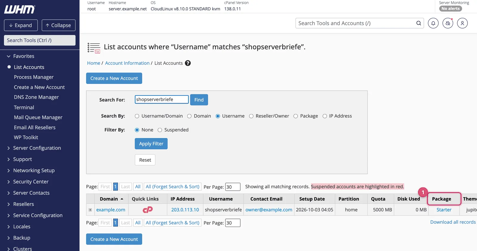 WHM List Accounts searched by username showing the new account with its domain, IP address, setup date, quota and Starter package