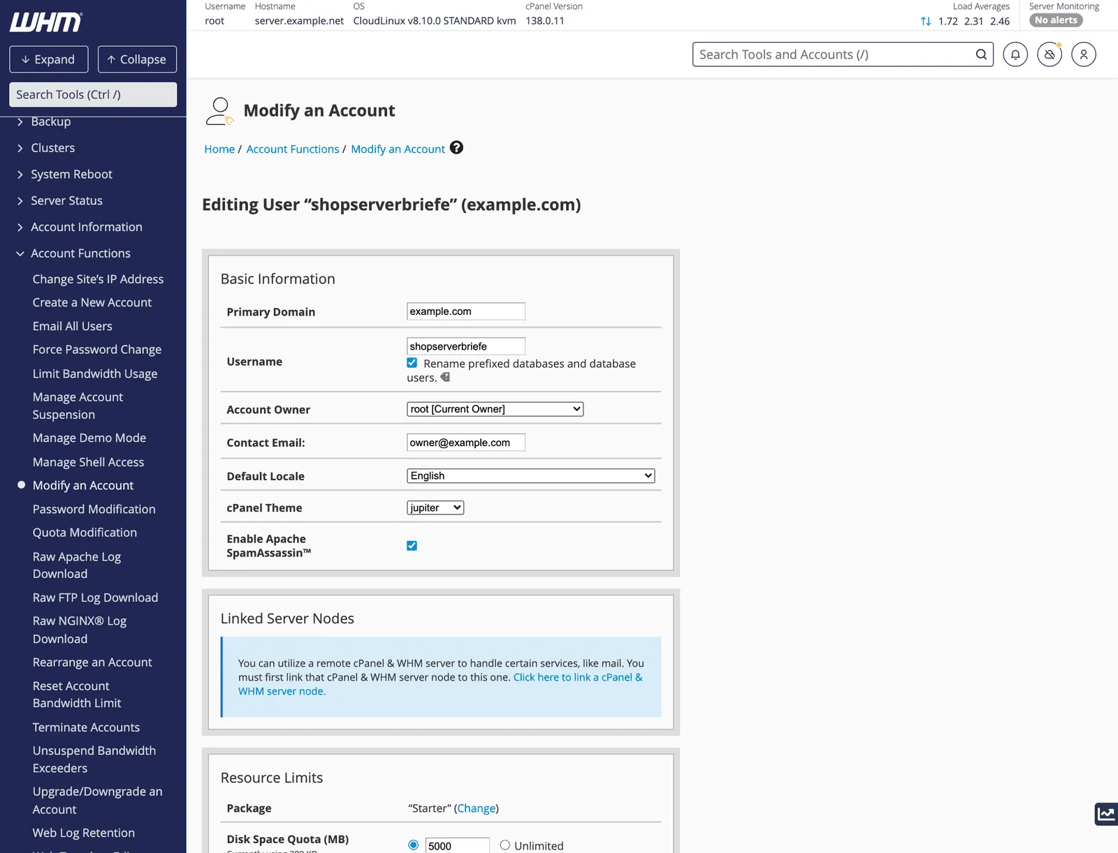 WHM Modify an Account page editing a user, with primary domain, username, owner, contact email, theme and resource limits