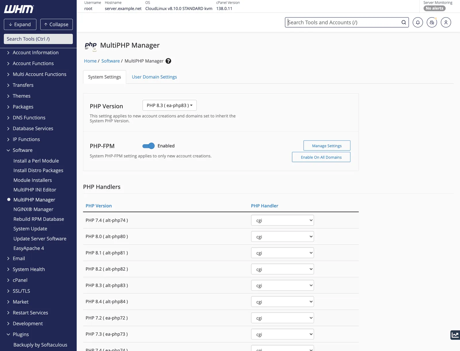 WHM MultiPHP Manager System Settings with the default PHP version, PHP-FPM switch and the PHP handlers table