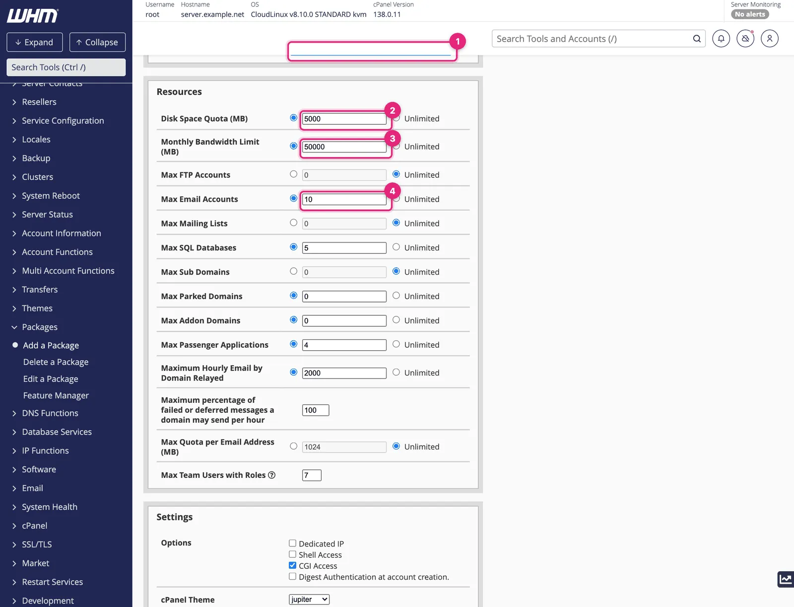 WHM Add a Package form with the package name, disk space quota, monthly bandwidth and max email accounts fields highlighted