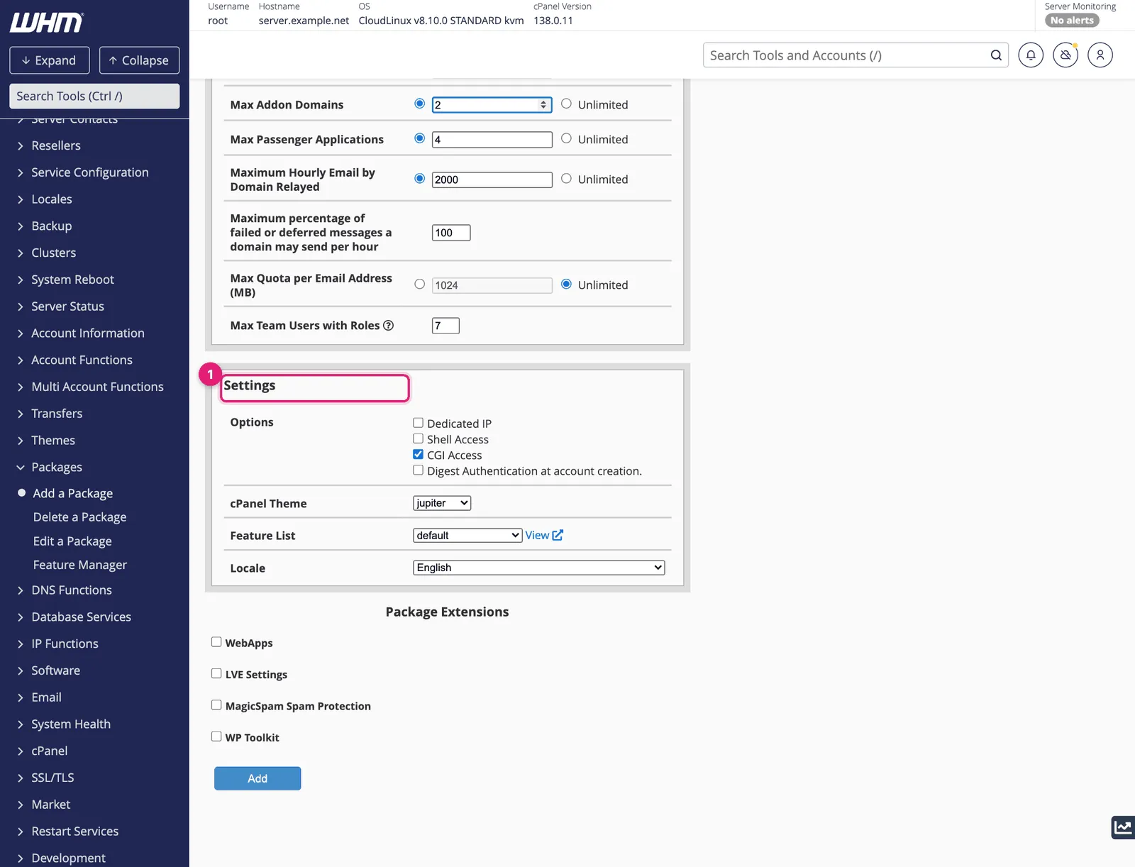 WHM Add a Package settings section with options for dedicated IP, shell access, CGI access, theme, feature list and locale, plus package extensions