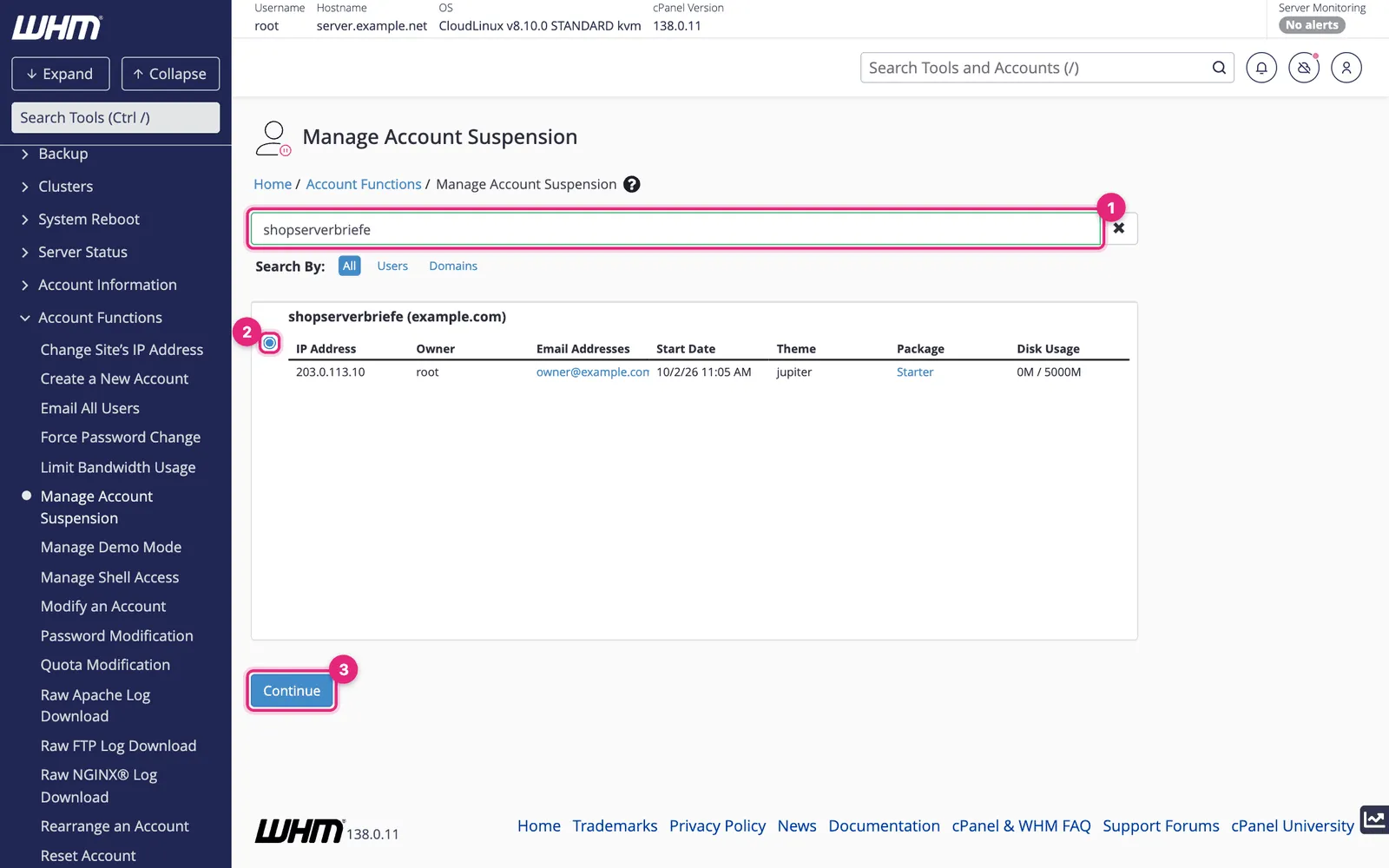 WHM account picker on Manage Account Suspension with the search box, the selected account and the Continue button highlighted