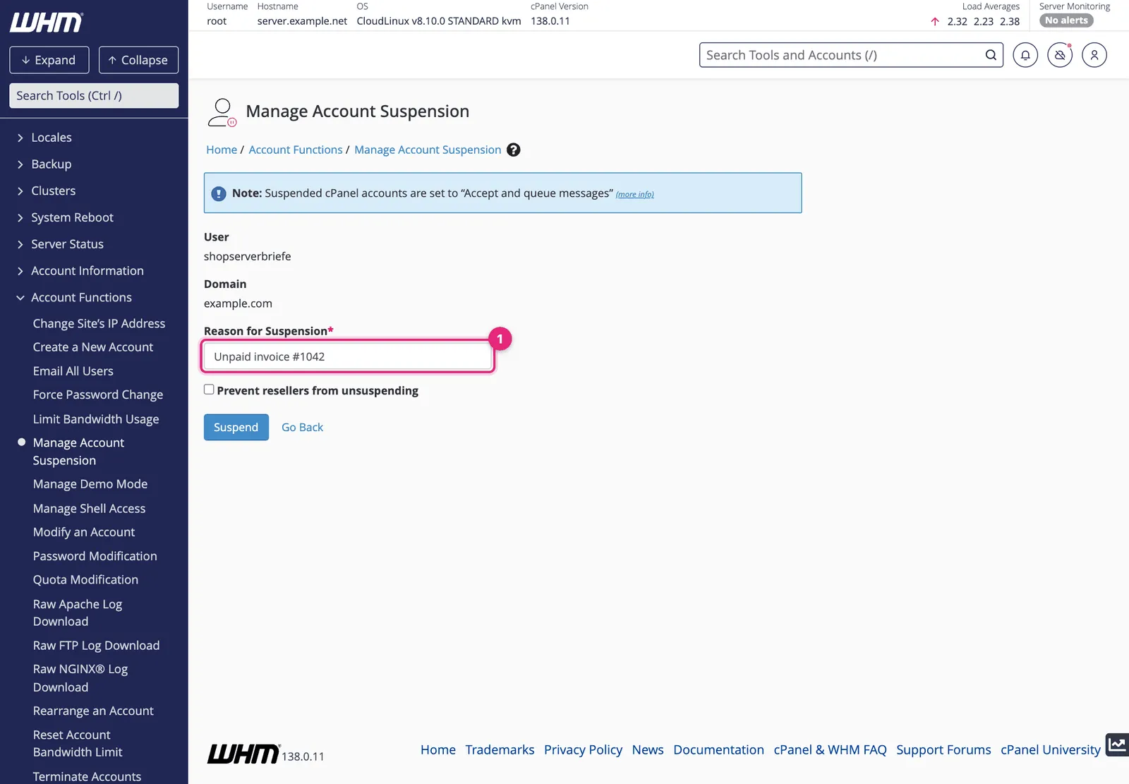 WHM Manage Account Suspension page with the reason for suspension field filled in