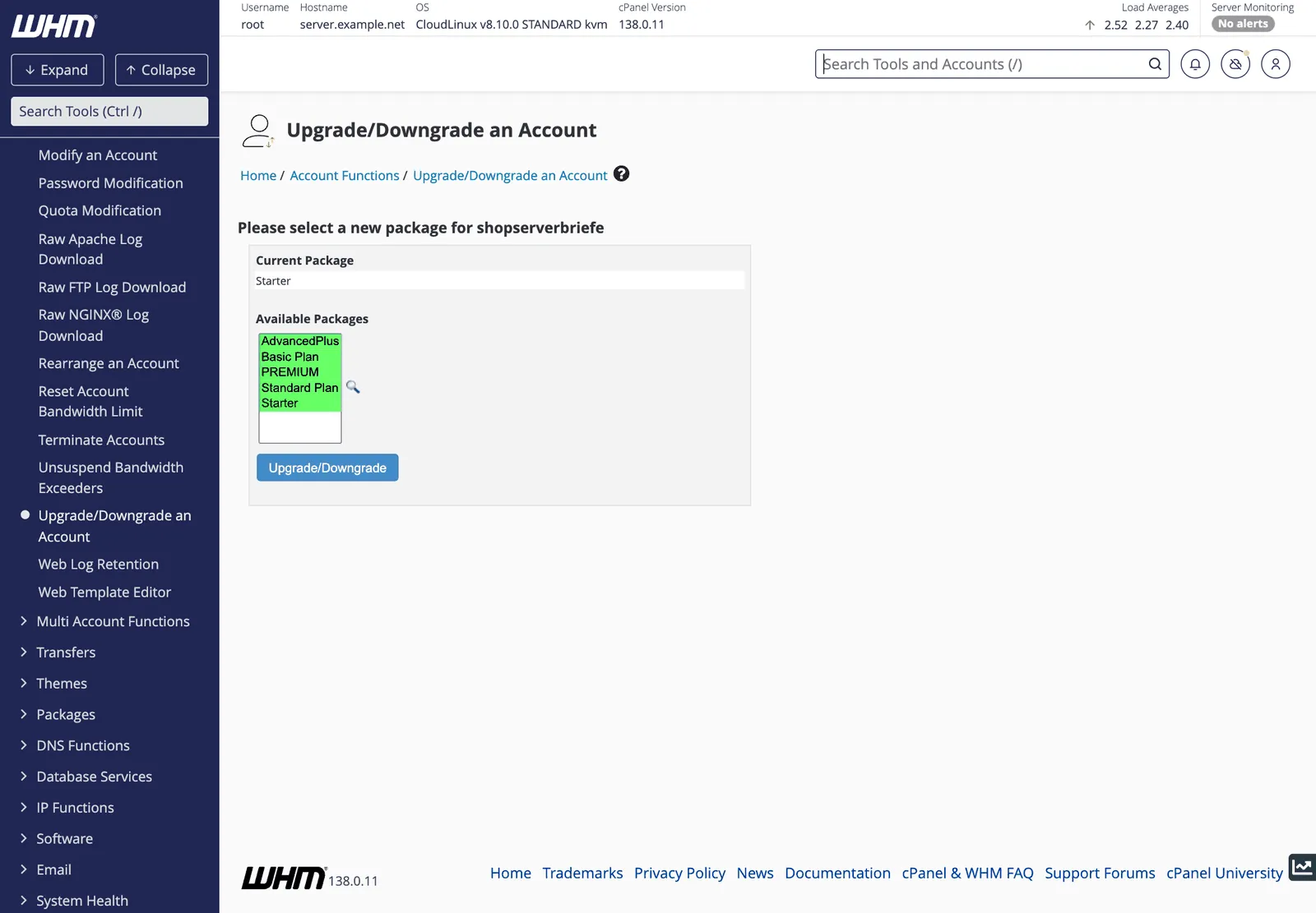 WHM Upgrade/Downgrade an Account page showing the current package and a list of available packages